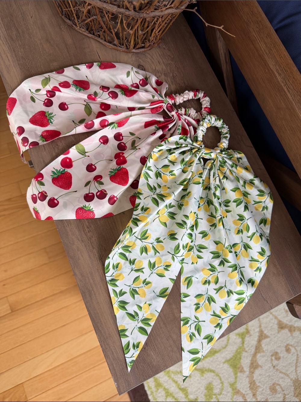 Fruit Print Scrunchie Scarf Hair Tie Duo – Cherry & Lemon Patterns
